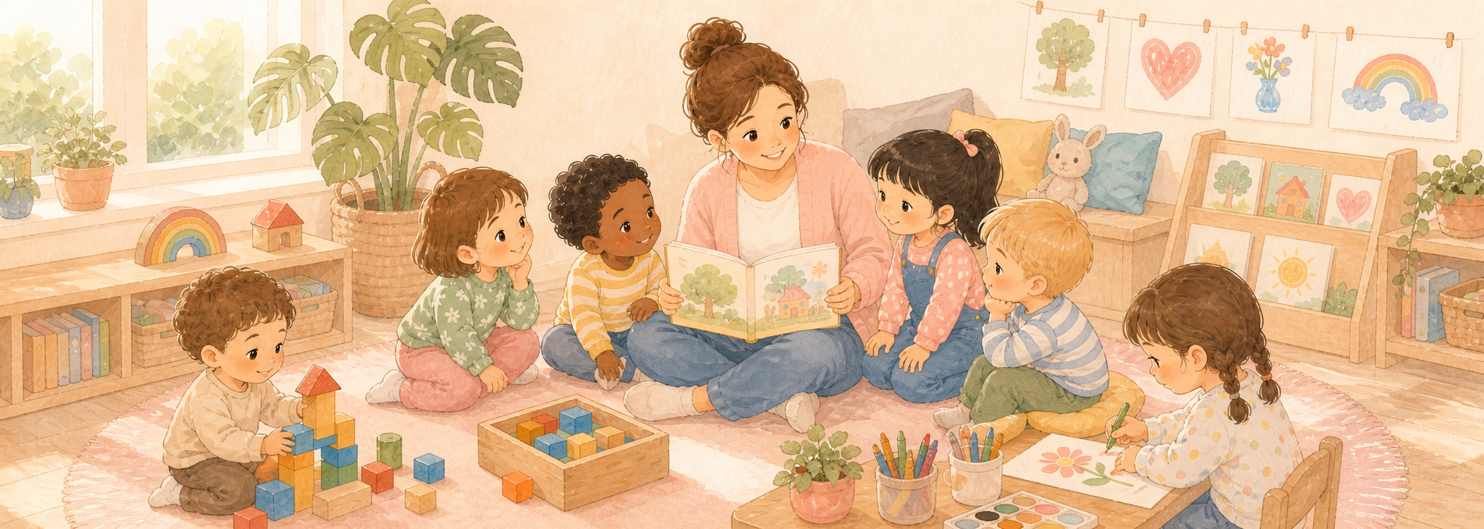 Twelve children reading, drawing, and playing with blocks in a family daycare classroom