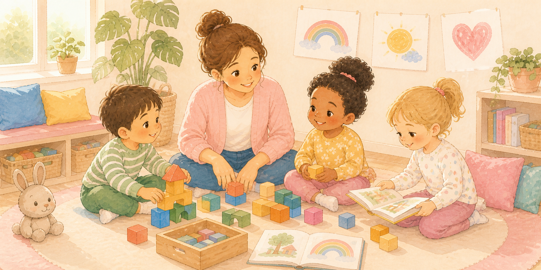 Teacher and six children reading and playing with blocks together