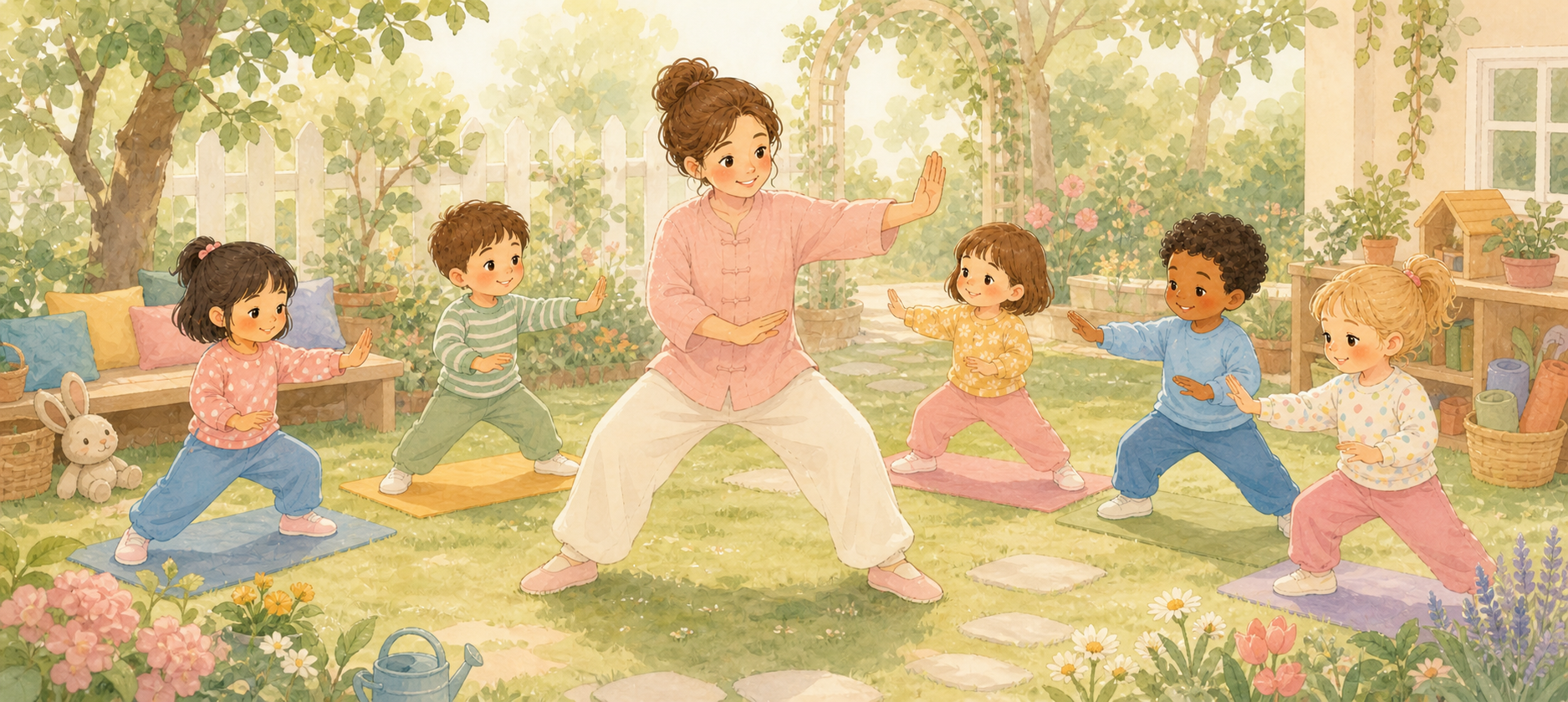 Children practise Tai Chi and movement in a garden